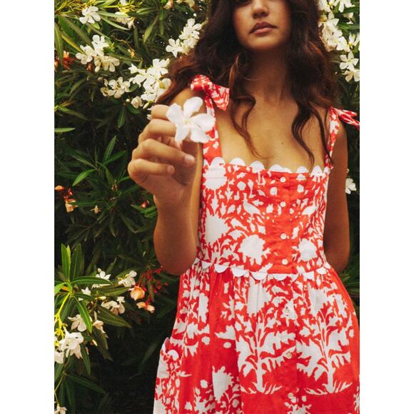 Juliet Dunn Tuckernuck Tie Shoulder Palladio Print Midi Dress Red White NWOT - Picture 7 of 12